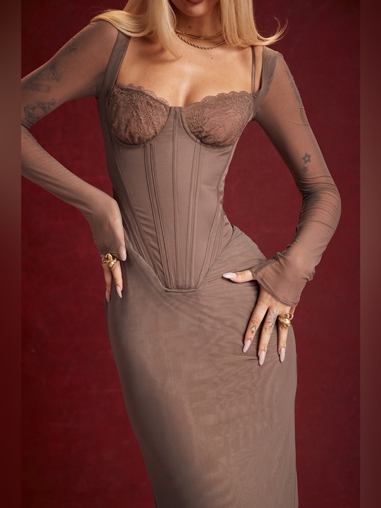 House of CB Dresses & Skirts - House of CB Safran Corset Midi Dress L Mocha Romantic Glamour